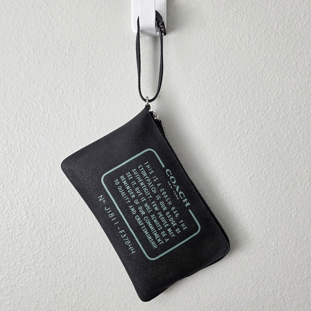 Coach Black Zippered Pouch With Large Teal Story Patch & Wrist Strap W/Snap - Picture 2 of 16